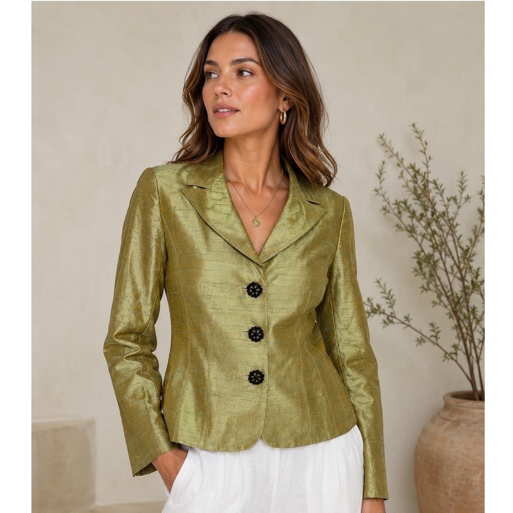 Kay‎ Unger New York Womens 8 Chartreuse 100% Silk Blazer Beaded Floral Buttons